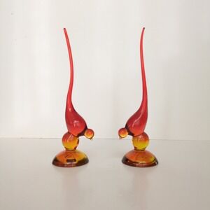 Viking Long Tail Bird Pair (2) Art Glass Figurine Amberina Persimmon Orange MCM